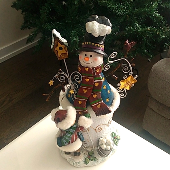 Decorative Festive Snowman Figurine Hand Crafted and Painted with Metal Accents - Picture 3 of 10